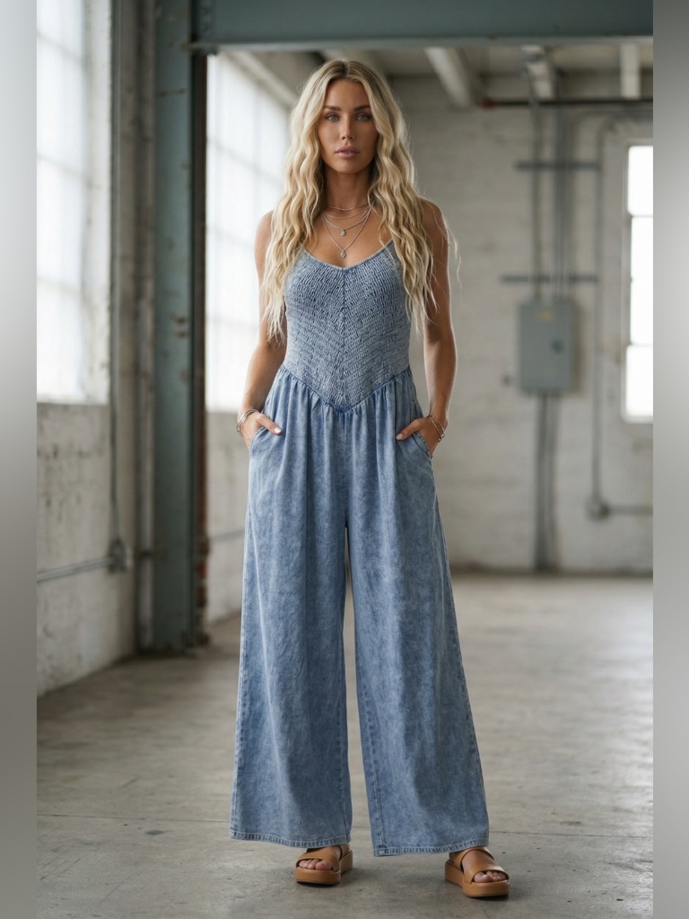 NWT Very J Indigo Washed Smocked Denim Jean Wide Leg Jumpsuit Jumper